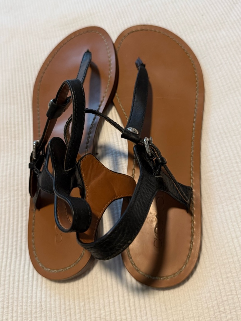 Coach Black Leather T-Strap Sandals
